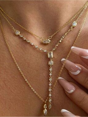 Three necklaces,Delicate Gold Layered CZ Necklace - Gold